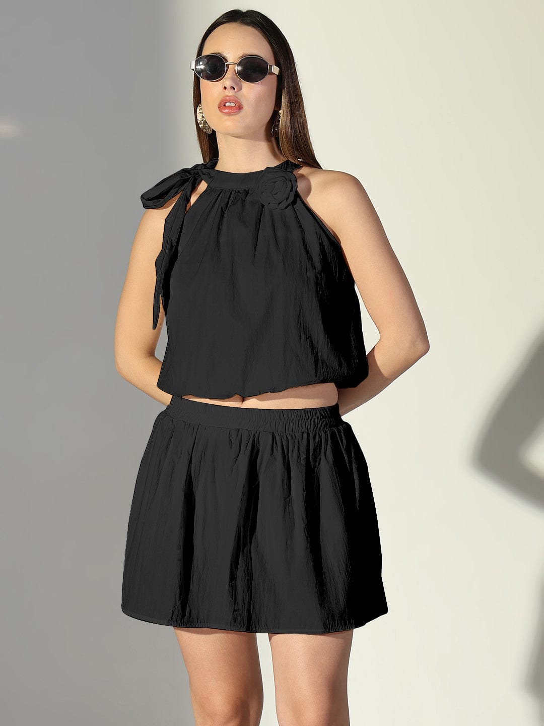 Women's Black Balloon Top with Mini Skirt Co-Ords Set