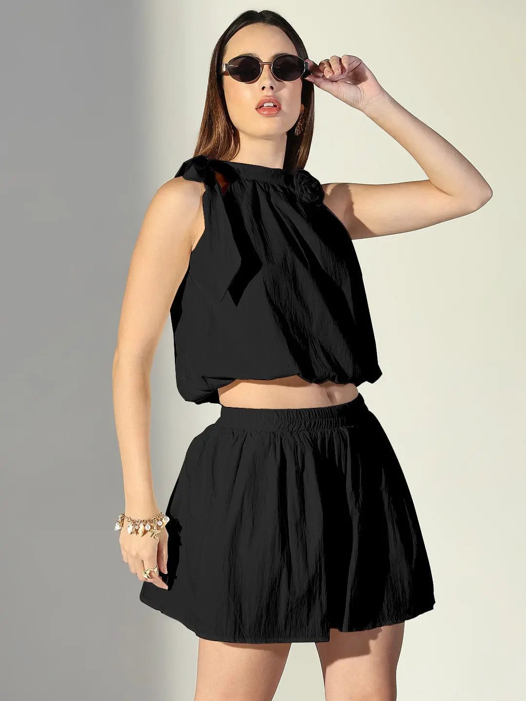 Women's Black Balloon Top with Mini Skirt Co-Ords Set