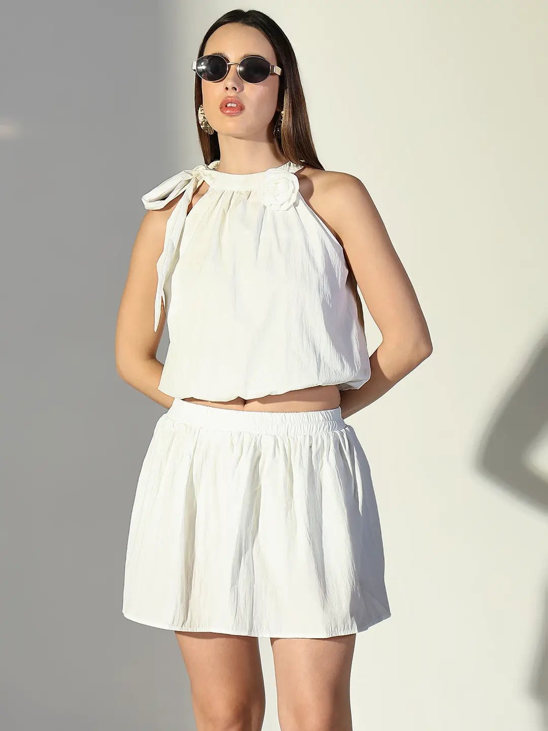 Women's White Balloon Top with Mini Skirt Co-Ords Set
