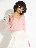 Women's Knitted Pink V-Neck Embellished Sweater