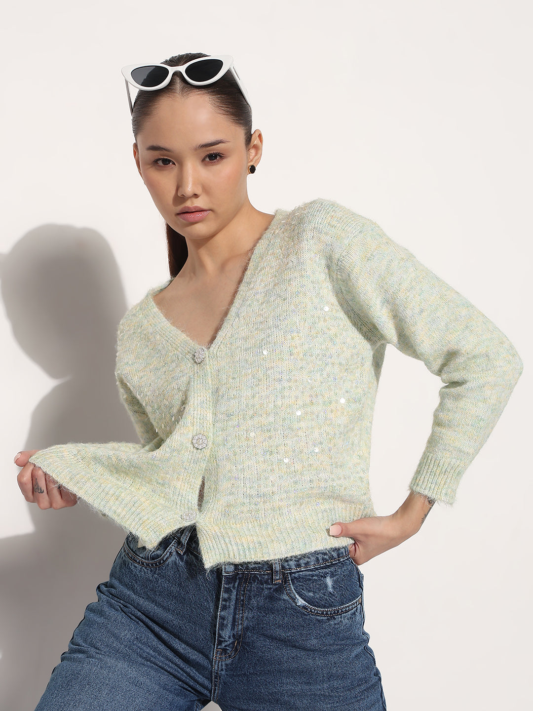 Women's Knitted Sea Green V-Neck Embellished Sweater