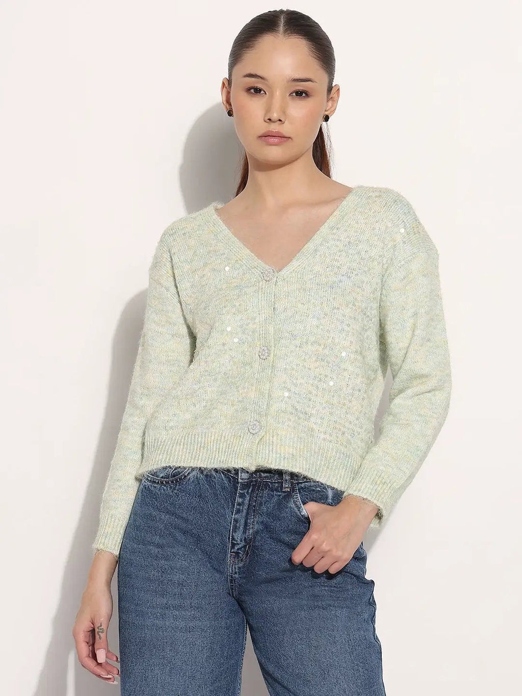 Women's Knitted Sea Green V-Neck Embellished Sweater