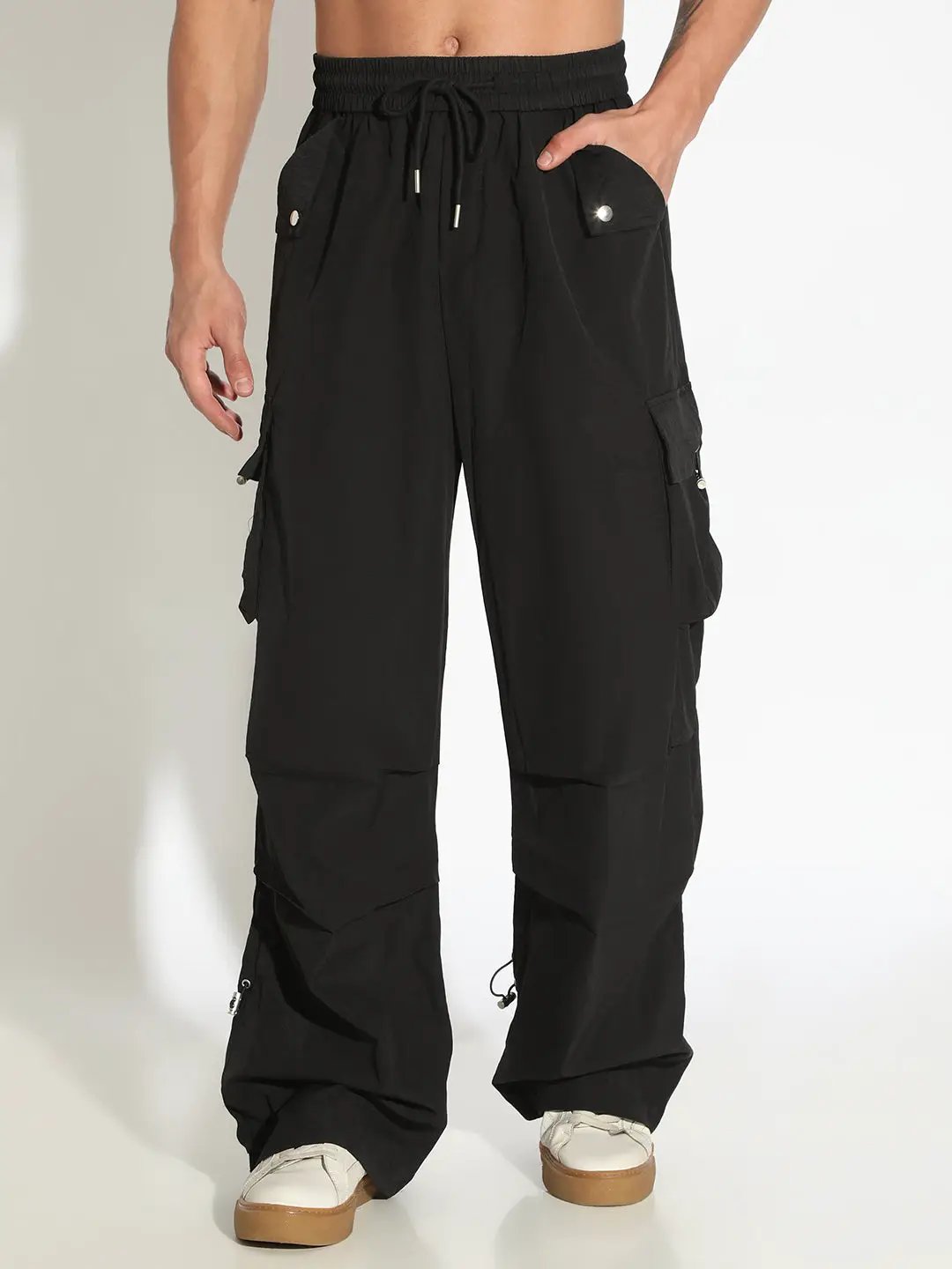 Men's Black Parachute Trousers with Cargo Pockets
