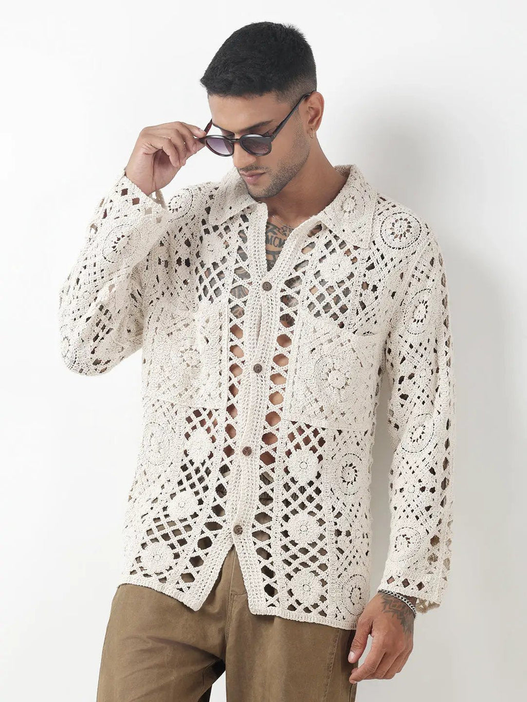 Men's Cream Crochet Knit Shirt with Oversized Pockets