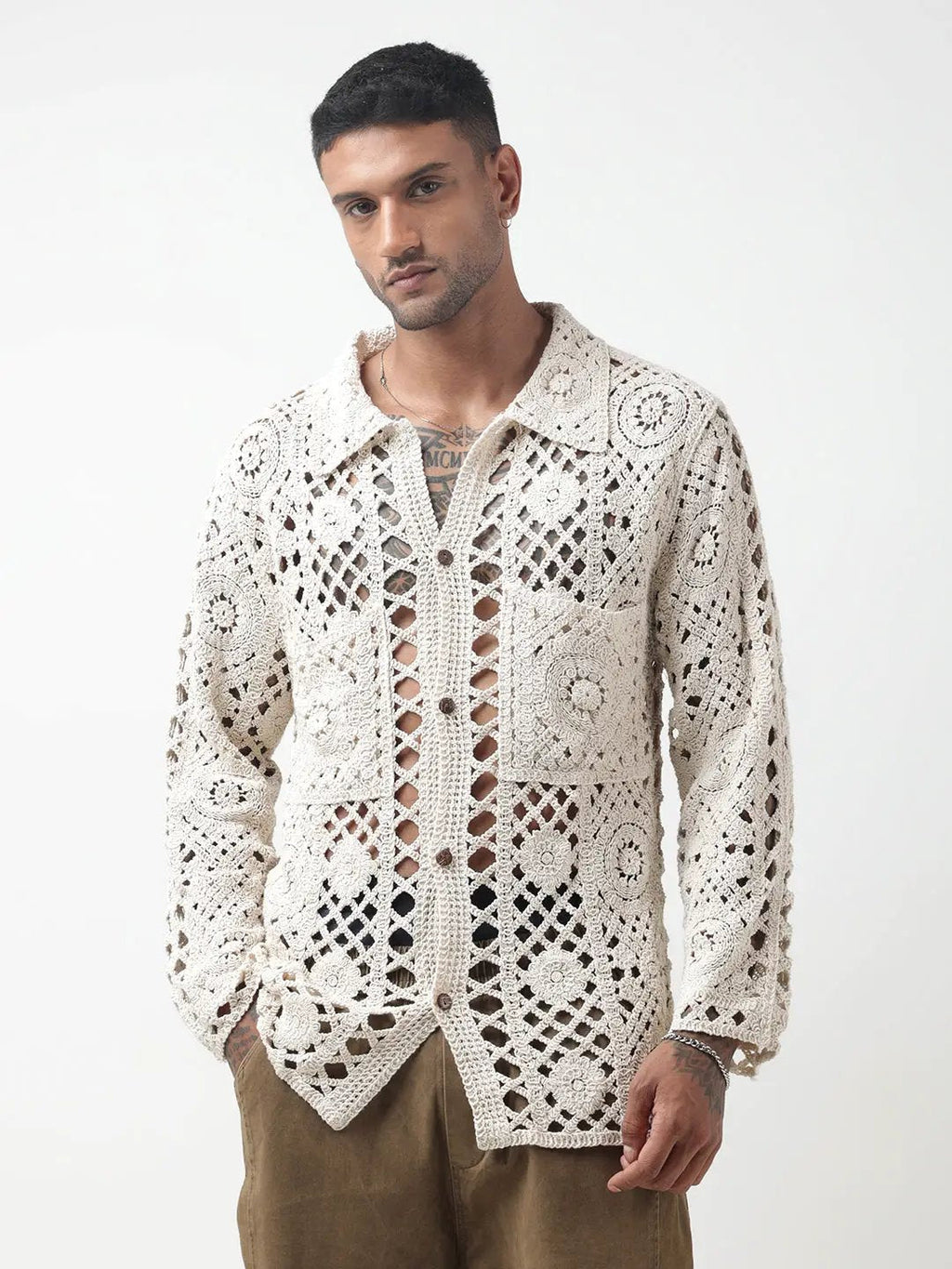 Men's Cream Crochet Knit Shirt with Oversized Pockets