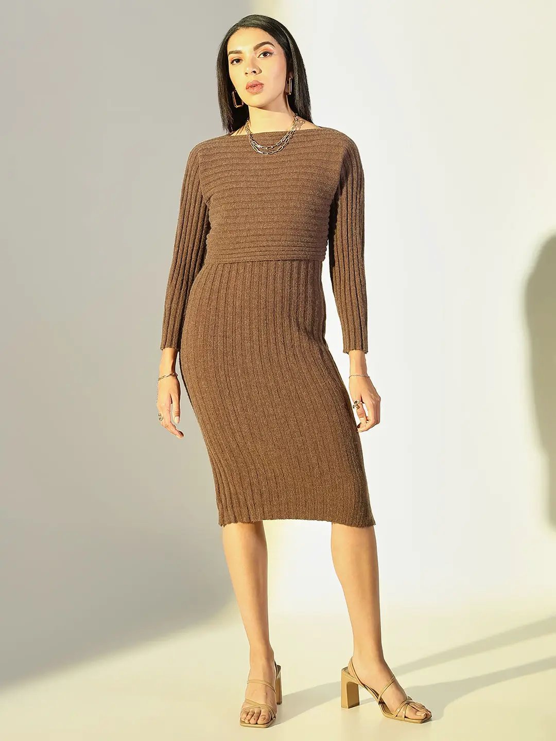 Women's Brown Solid Classic Bodycon Dress with Top