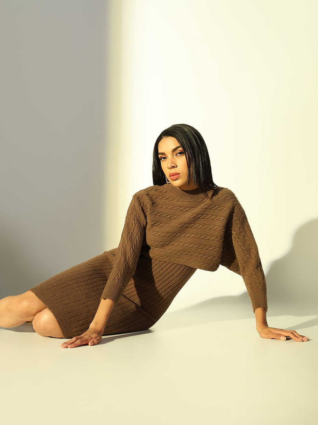 Women's Brown V-Neck Bodycon Dress with Upper Top