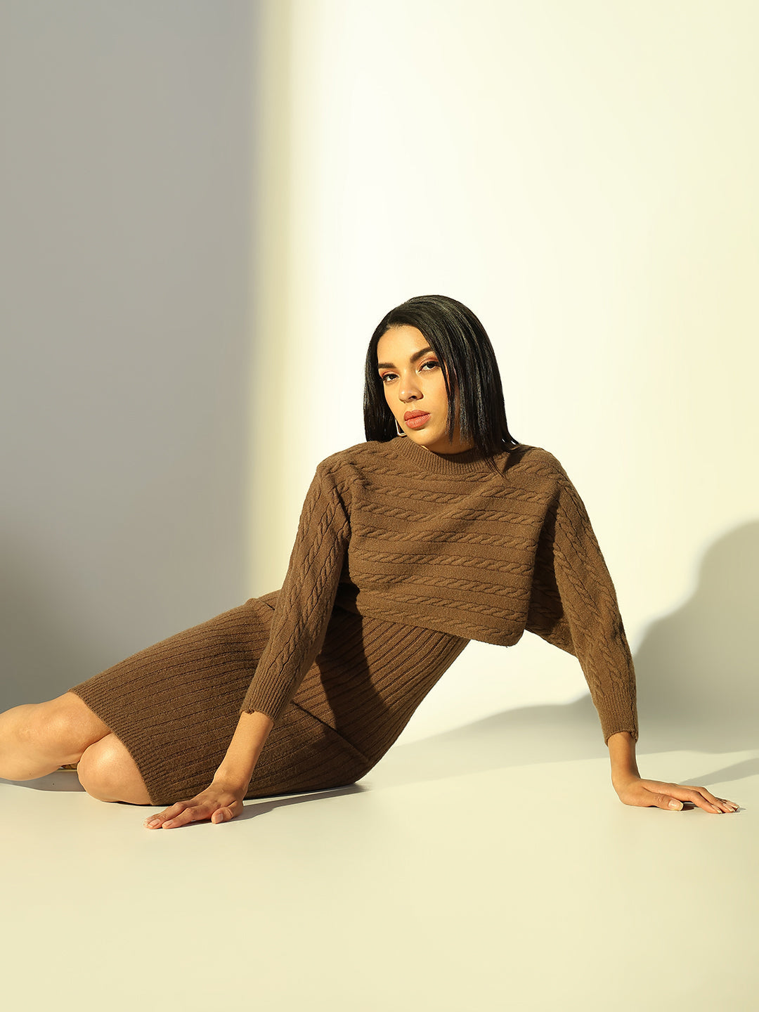 Women's Brown V-Neck Bodycon Dress with Upper Top