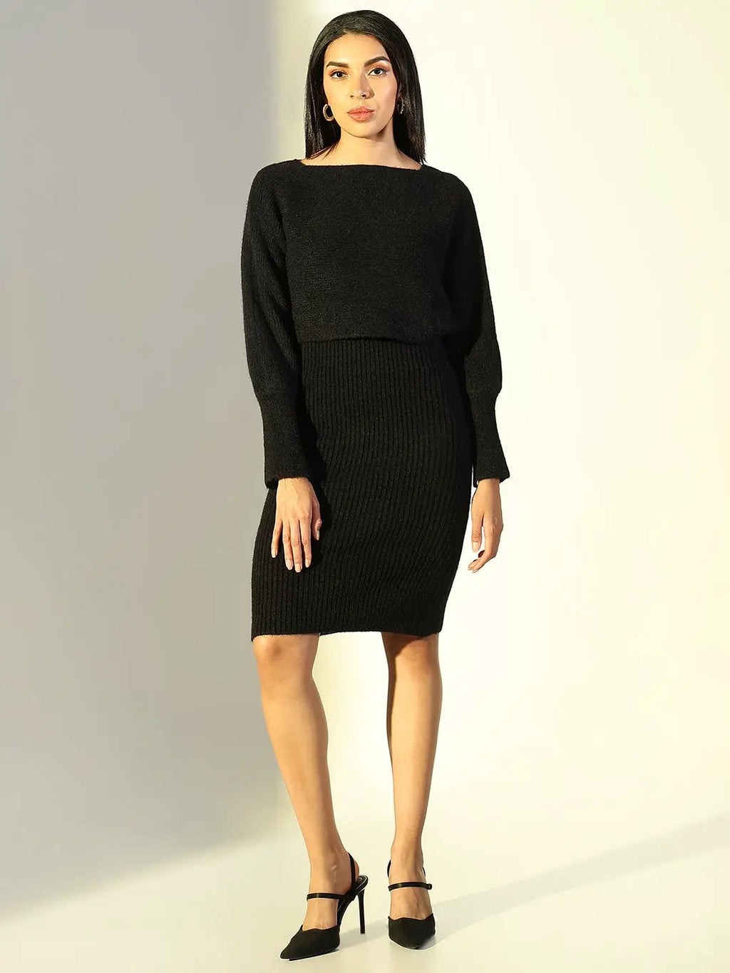 Women's Black Bodycon Sleeveless Midi Dress with Upper Top