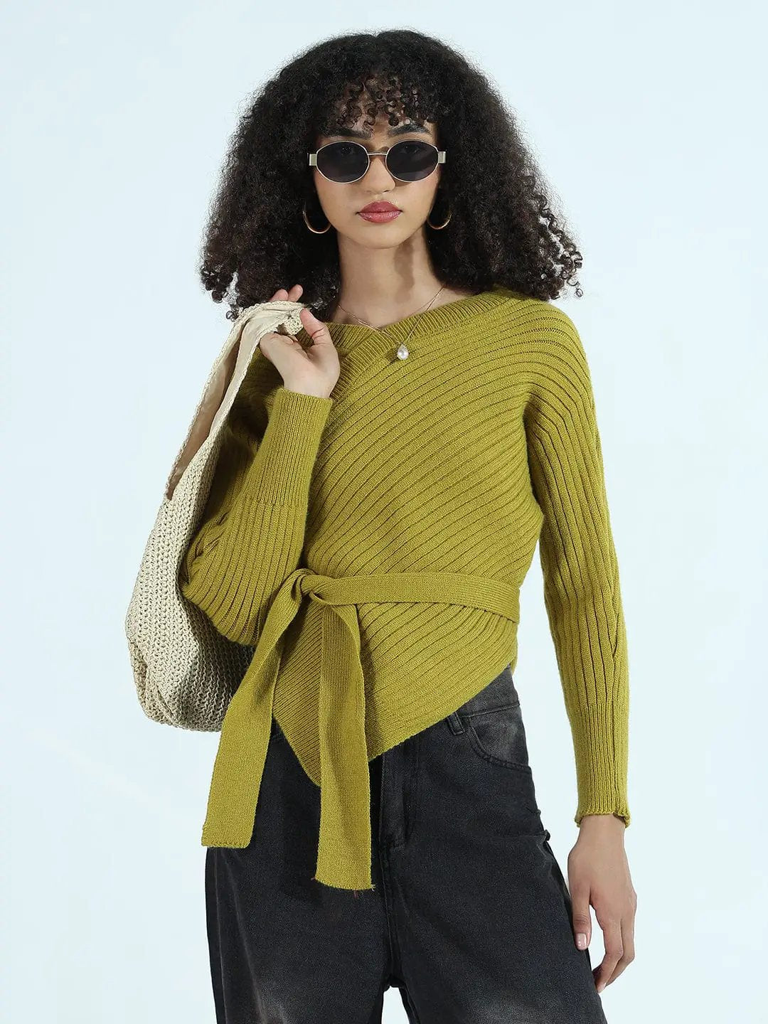 Women's Ribbed Green Asymmetric Top with Waist Tie-Up