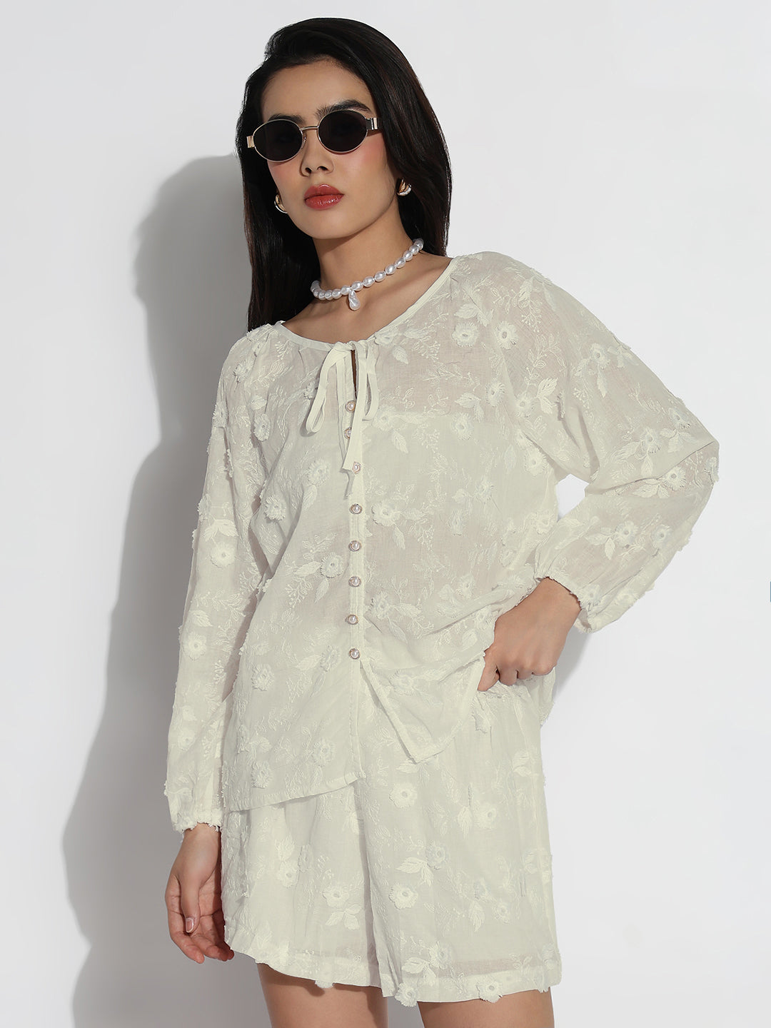 Women's Cream Embroidered Co-ords Set