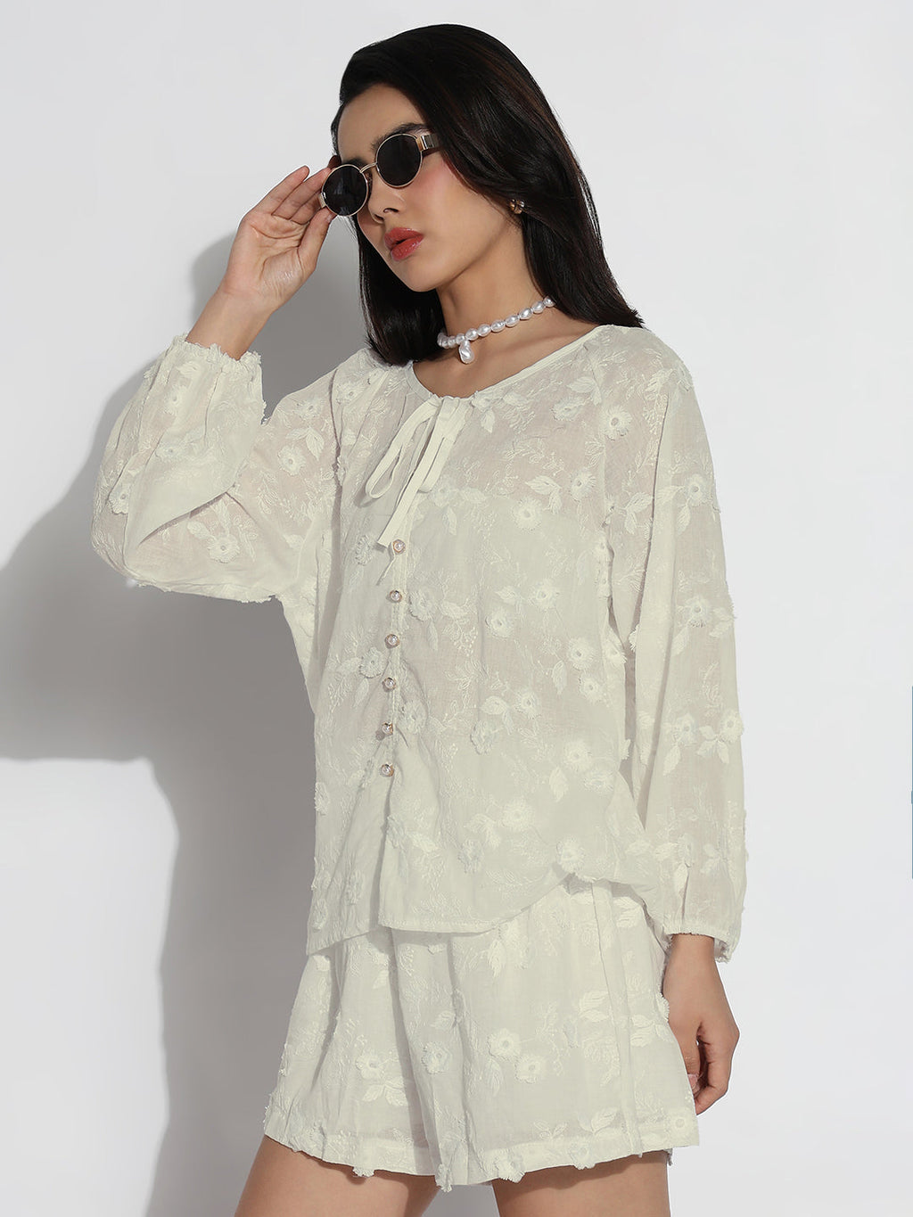Women's Cream Embroidered Co-ords Set