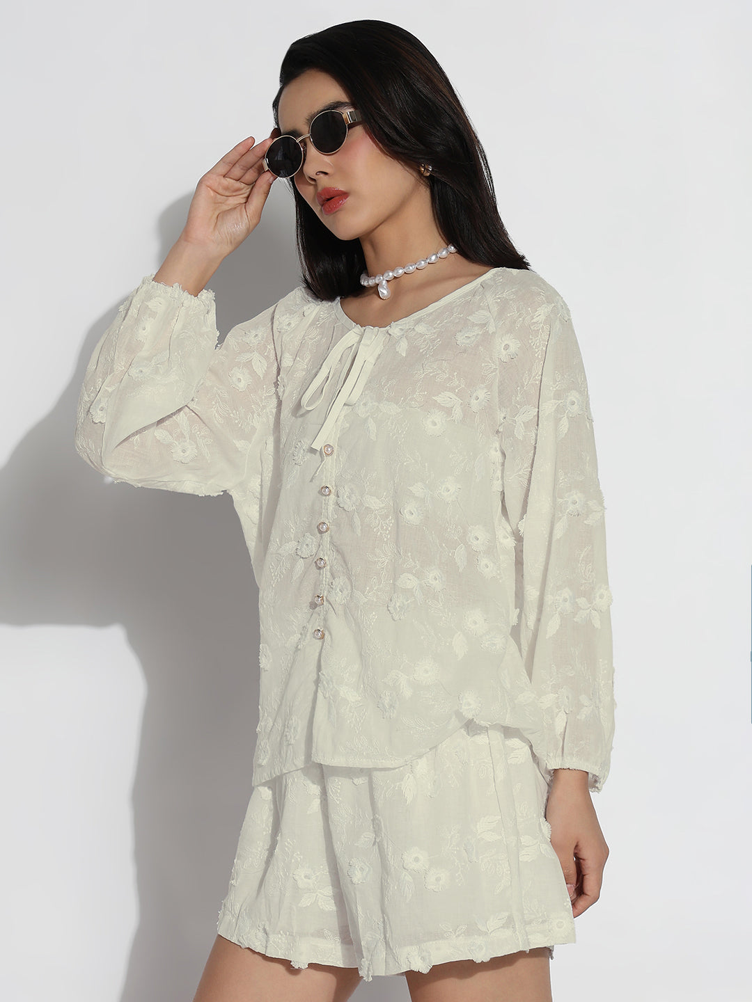 Women's Cream Embroidered Co-ords Set