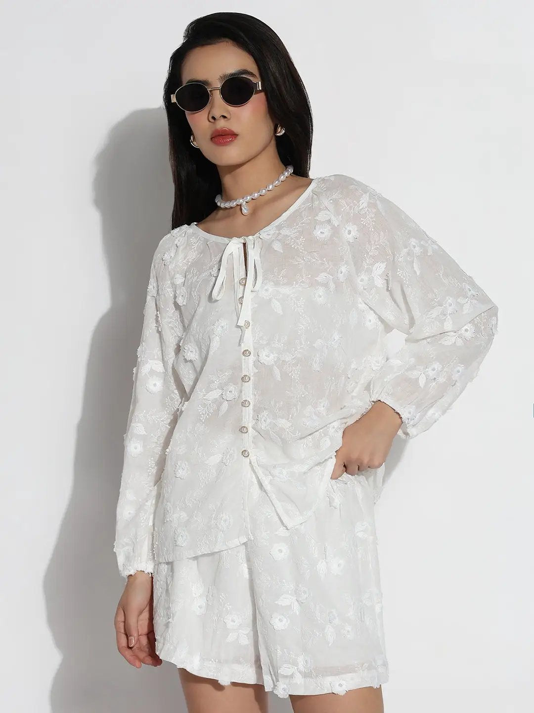 Women's White Embroidered Co-ords Set