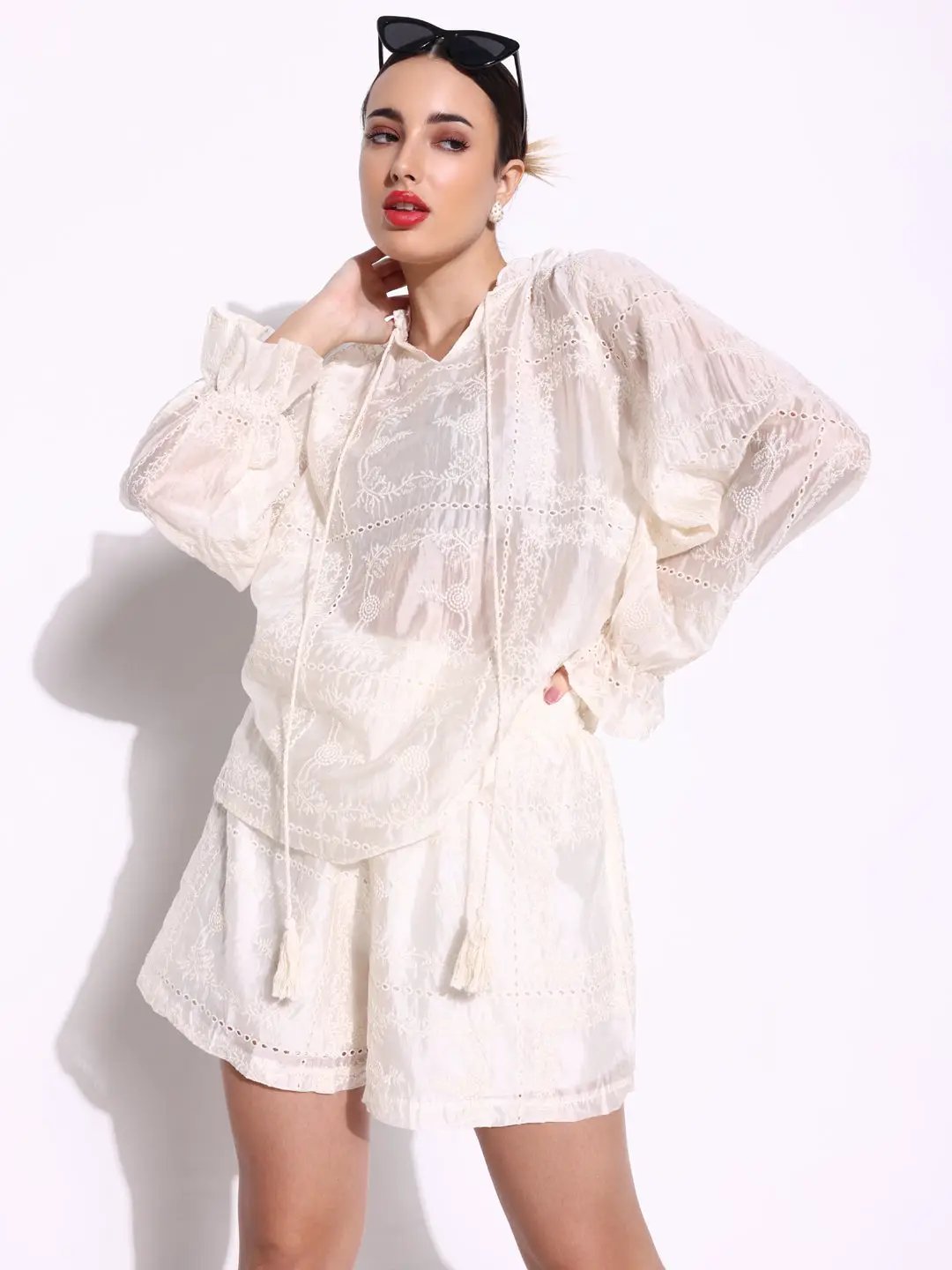Women's Embroidered Cream Schiflli Co-Ords Set
