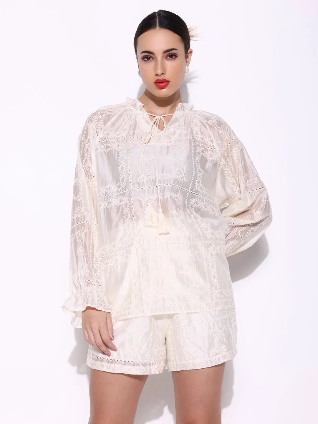 Women's Embroidered Cream Schiflli Co-Ords Set