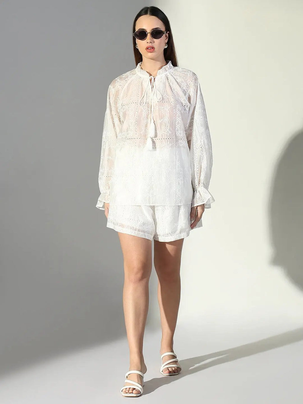 Women's Embroidered White Schiflli Co-Ords Set