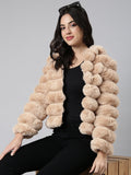 Women's Beige Self Design Hooded Windcheater Longline Padded Jacket