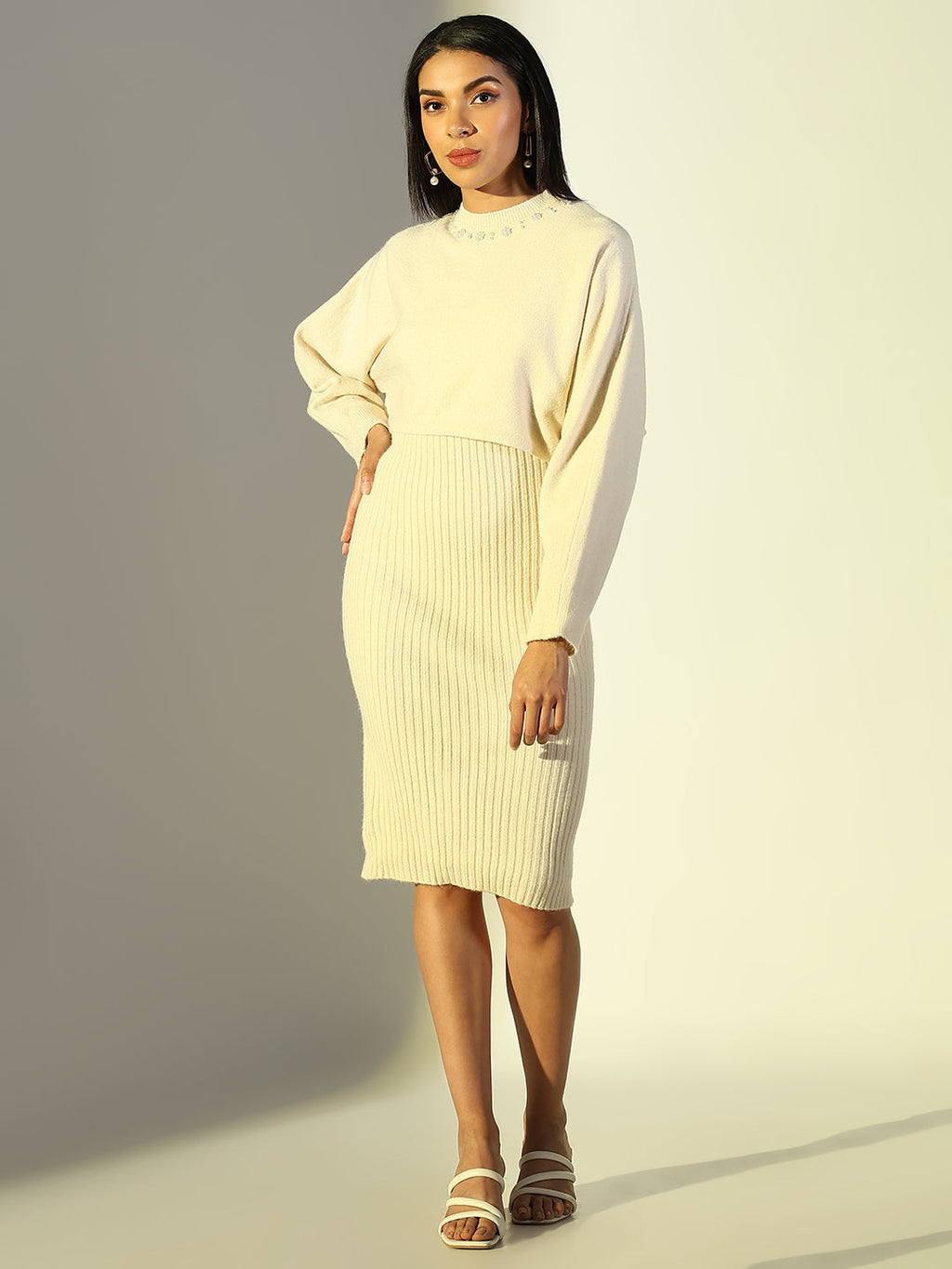 Women's Cream Solid Bodycon Dress with Top