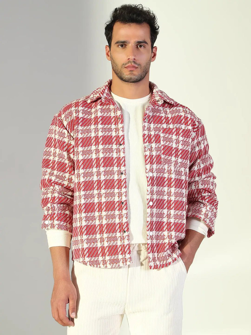 Men's Checked Red Shacket with Single Pocket
