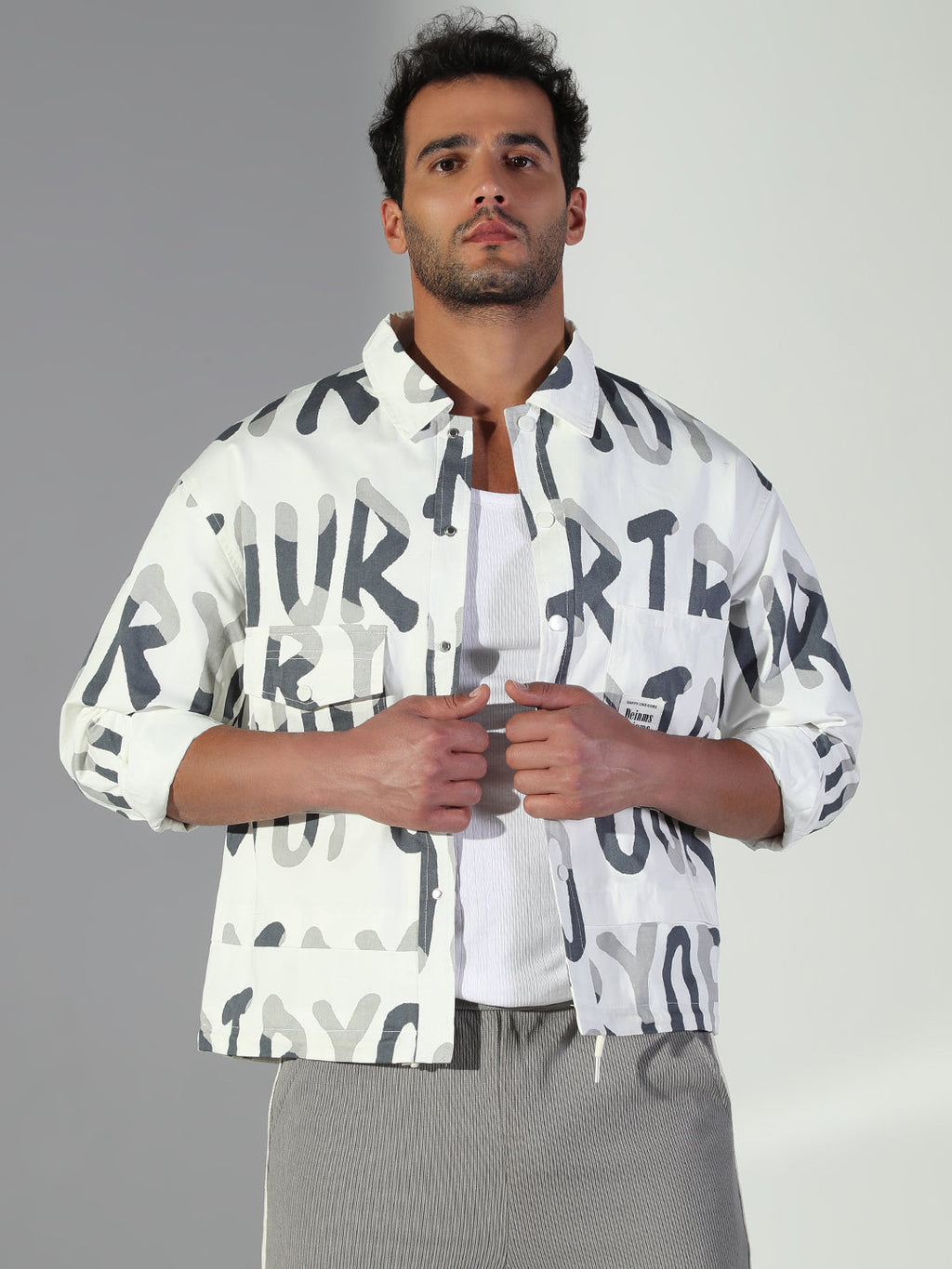 Men's Typography White Oversized Shacket