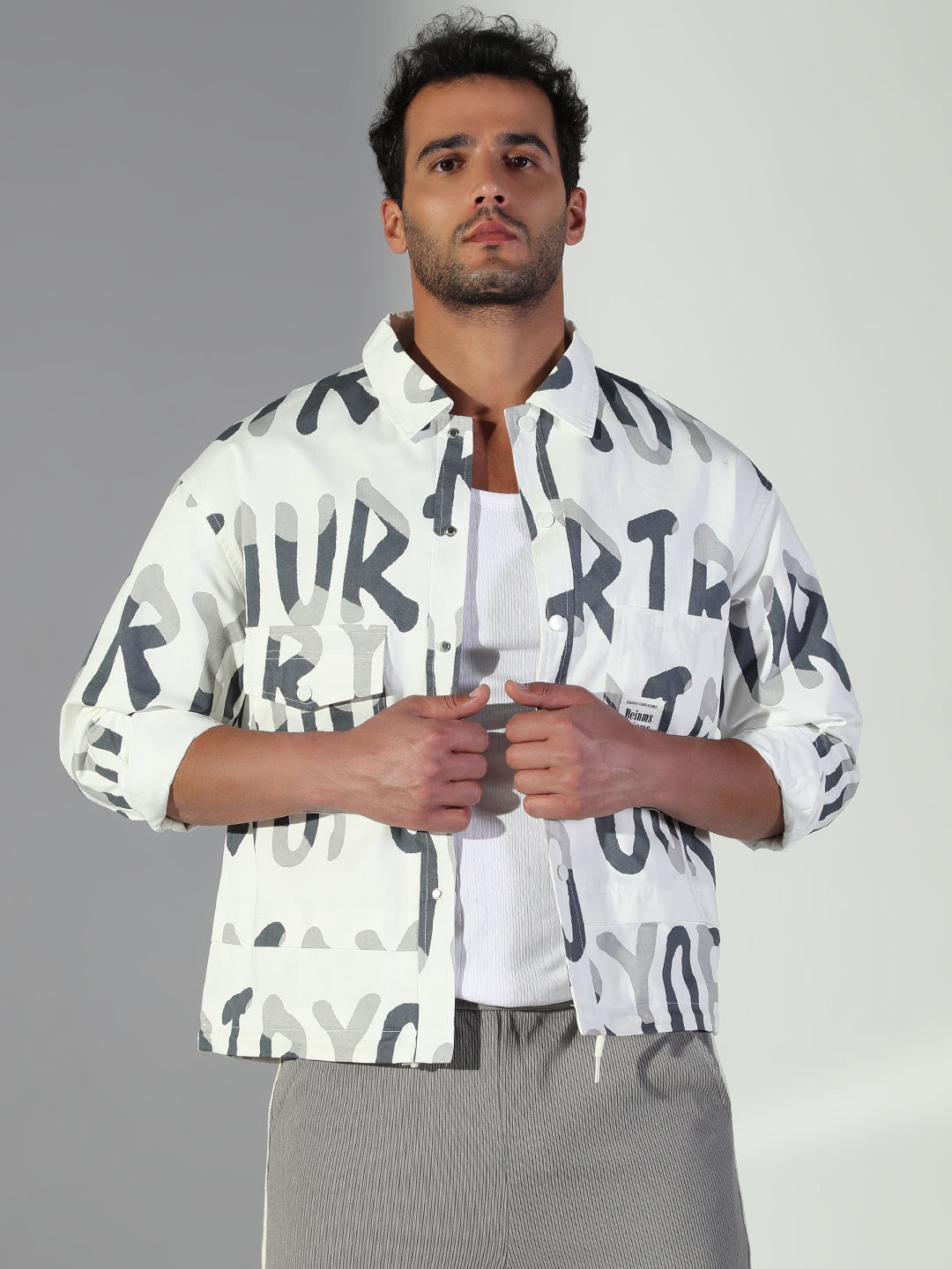 Men's Typography White Oversized Shacket