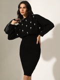 Women's Knitted Black Bodycon Midi Dress with Pearl Embellished Top