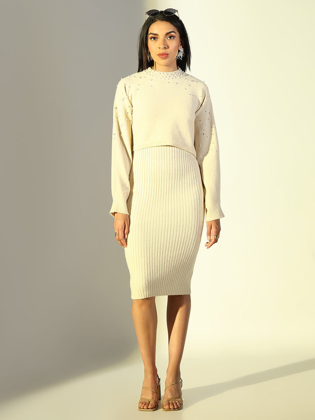 Women's Cream V-Neck Bodycon Knee Length Dress with Upper Top