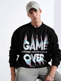 Men's Typography Black Graphic Printed Round Neck Ribbed Sweatshirt