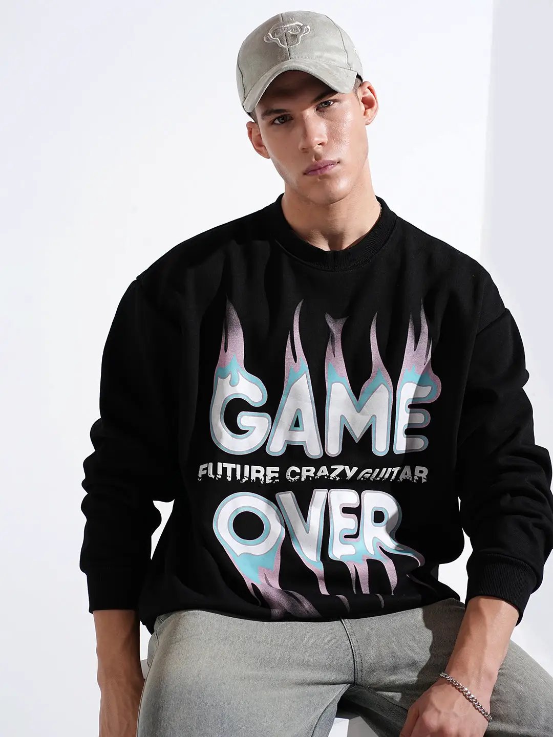Men's Typography Black Graphic Printed Round Neck Ribbed Sweatshirt