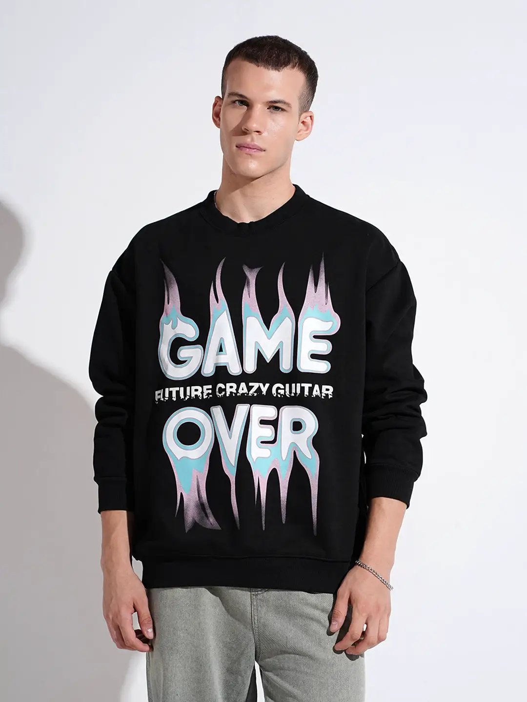 Men's Typography Black Graphic Printed Round Neck Ribbed Sweatshirt