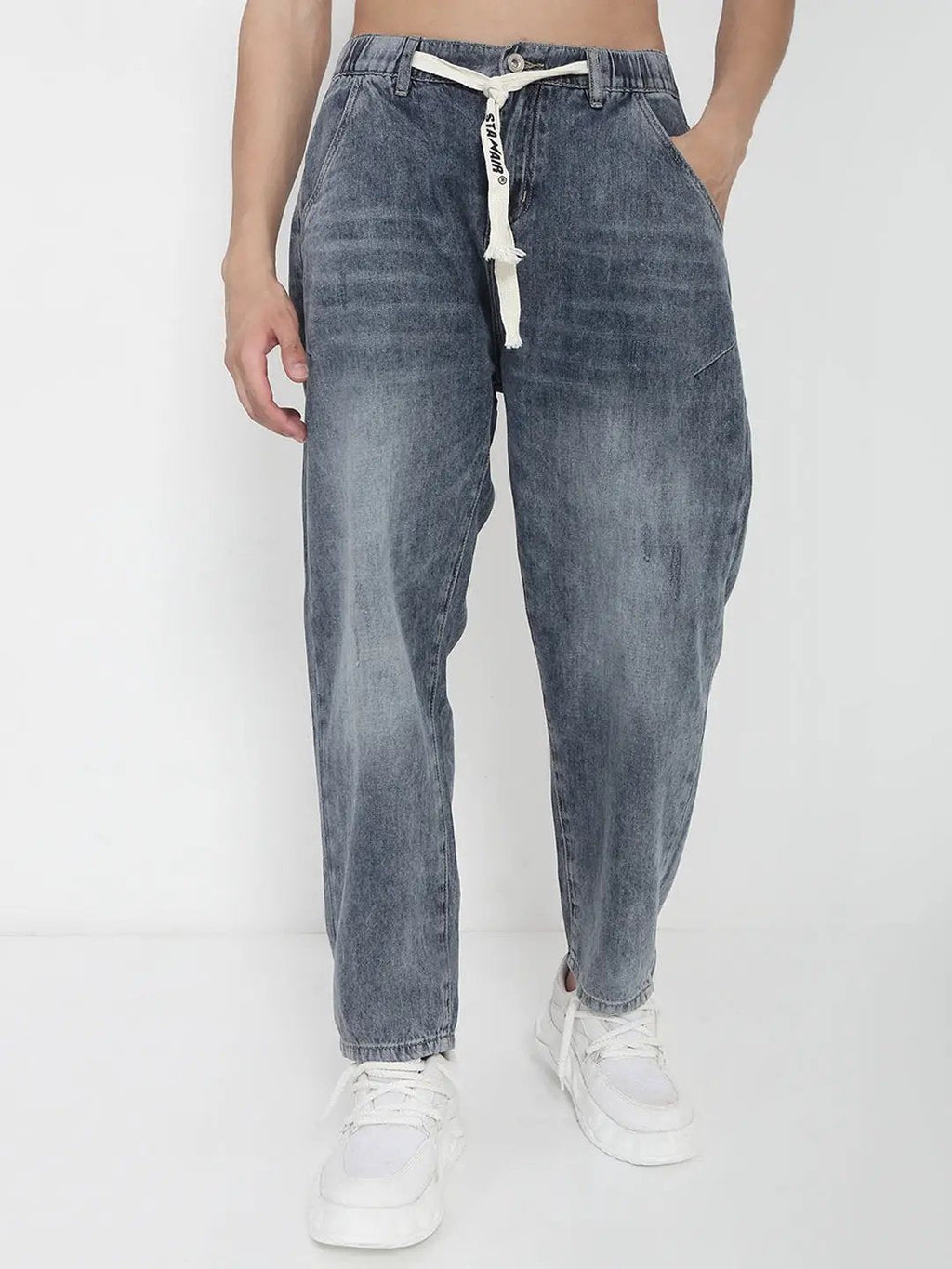 Men's Blue Relaxed Fit Jeans with Drawstrings