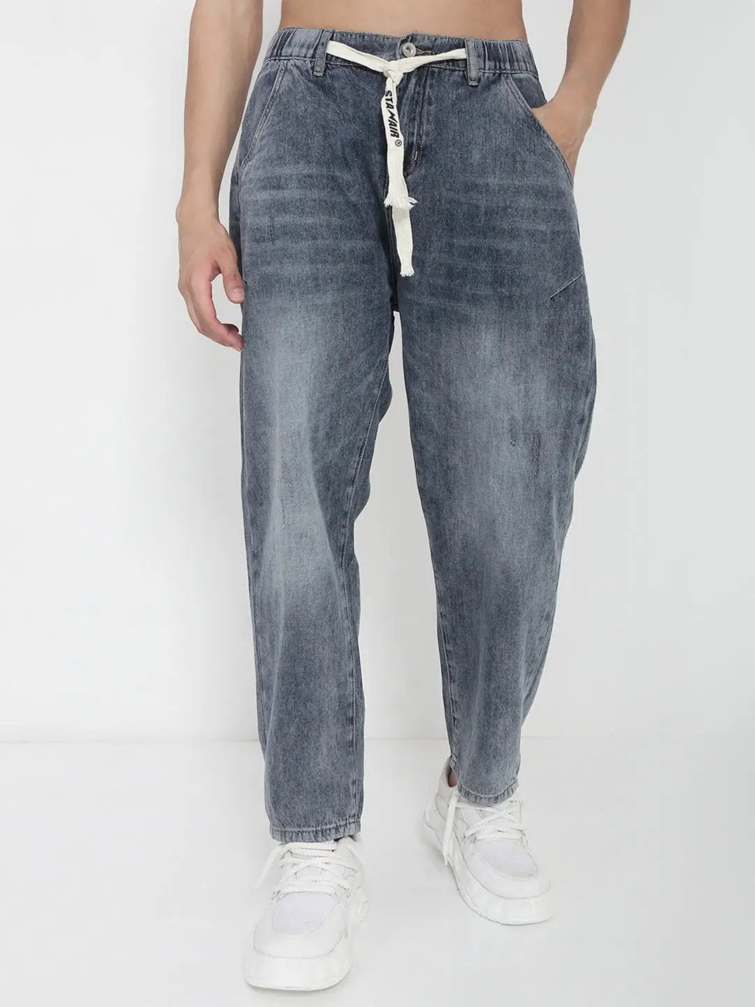 Men's Blue Relaxed Fit Jeans with Drawstrings
