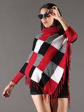 Women's Checked Red Longline Poncho
