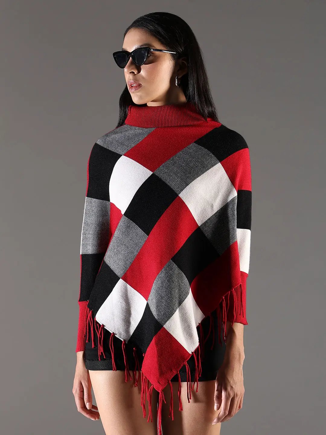 Women's Checked Red Longline Poncho