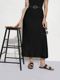 Women's Textured Black Knitted A-Line Midi Skirt with Belt