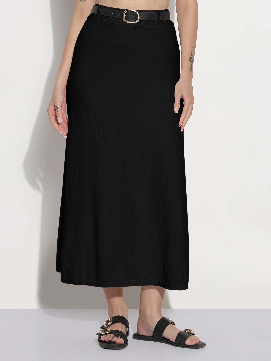 Women's Textured Black Knitted A-Line Midi Skirt with Belt