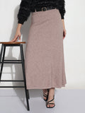 Women's Textured Brown Knitted A-Line Midi Skirt with Belt