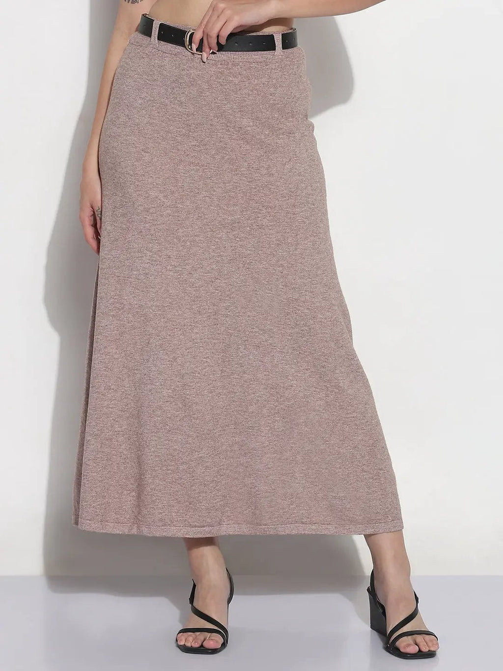 Women's Textured Brown Knitted A-Line Midi Skirt with Belt