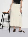 Women's Textured Cream Knitted A-Line Midi Skirt with Belt