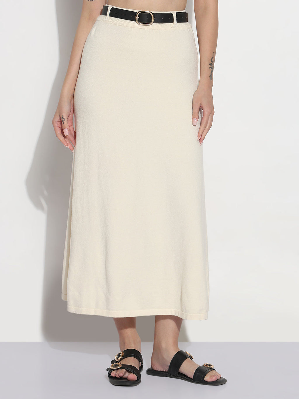 Women's Textured Cream Knitted A-Line Midi Skirt with Belt