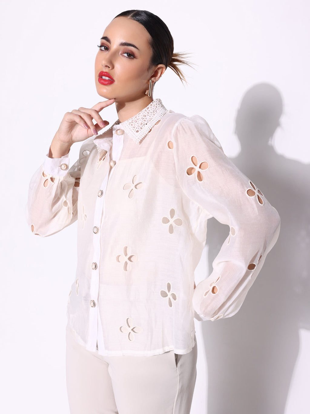 Women's Cream Cut Out Shirts with Pearl Buttons