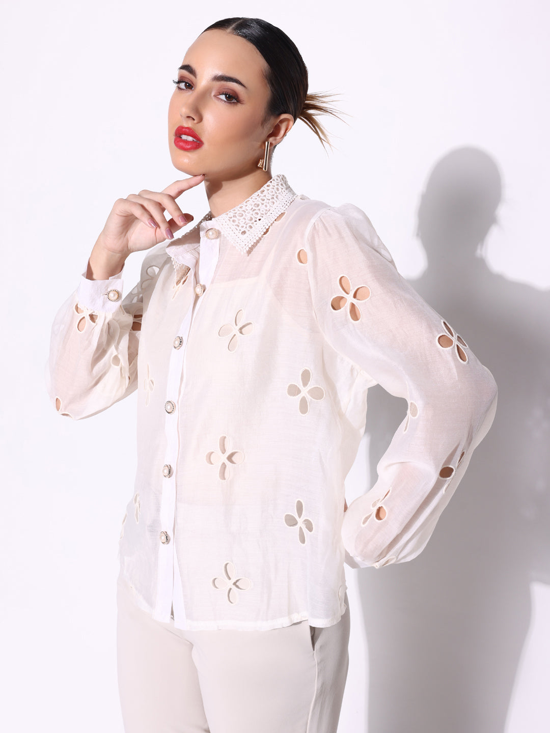 Women's Cream Cut Out Shirts with Pearl Buttons
