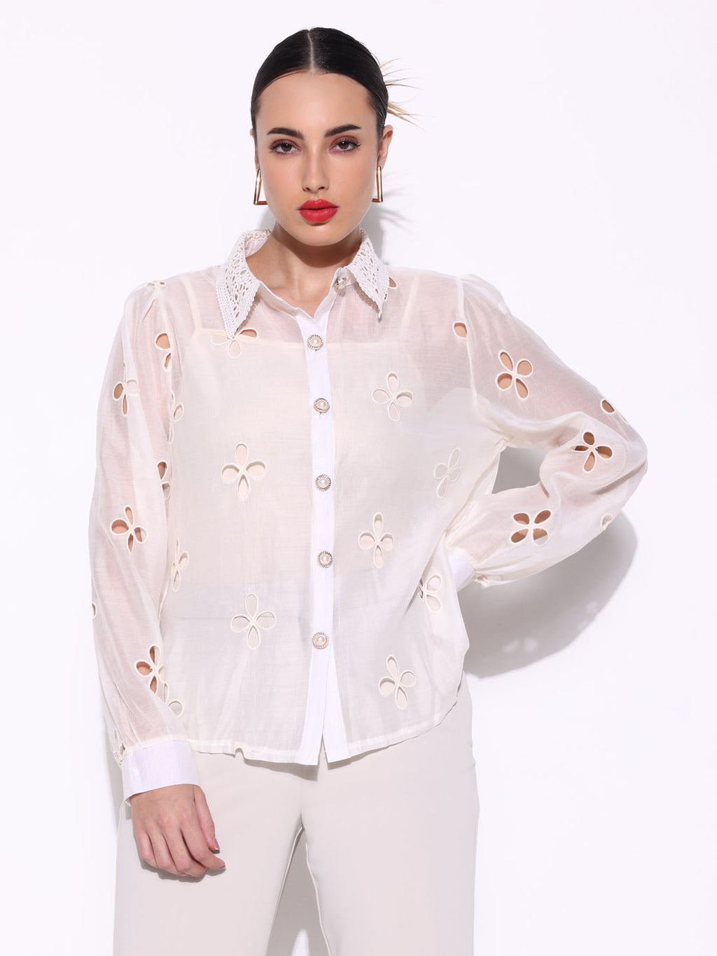 Women's Cream Cut Out Shirts with Pearl Buttons