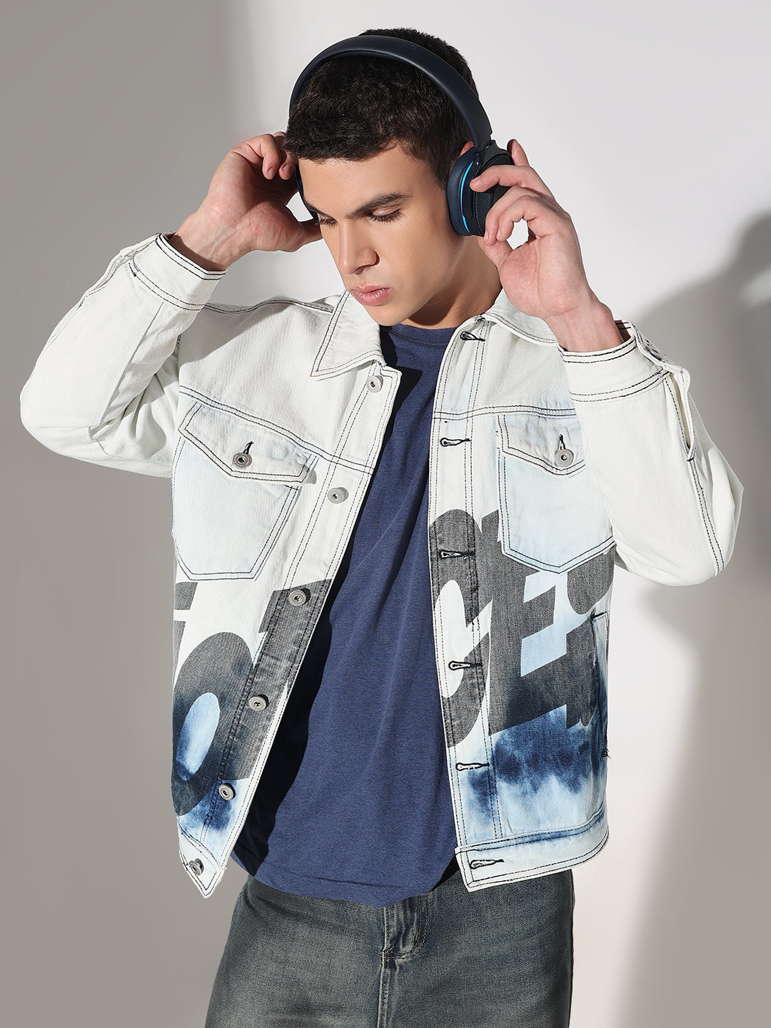 Men's Printed White Washed Denim Jacket