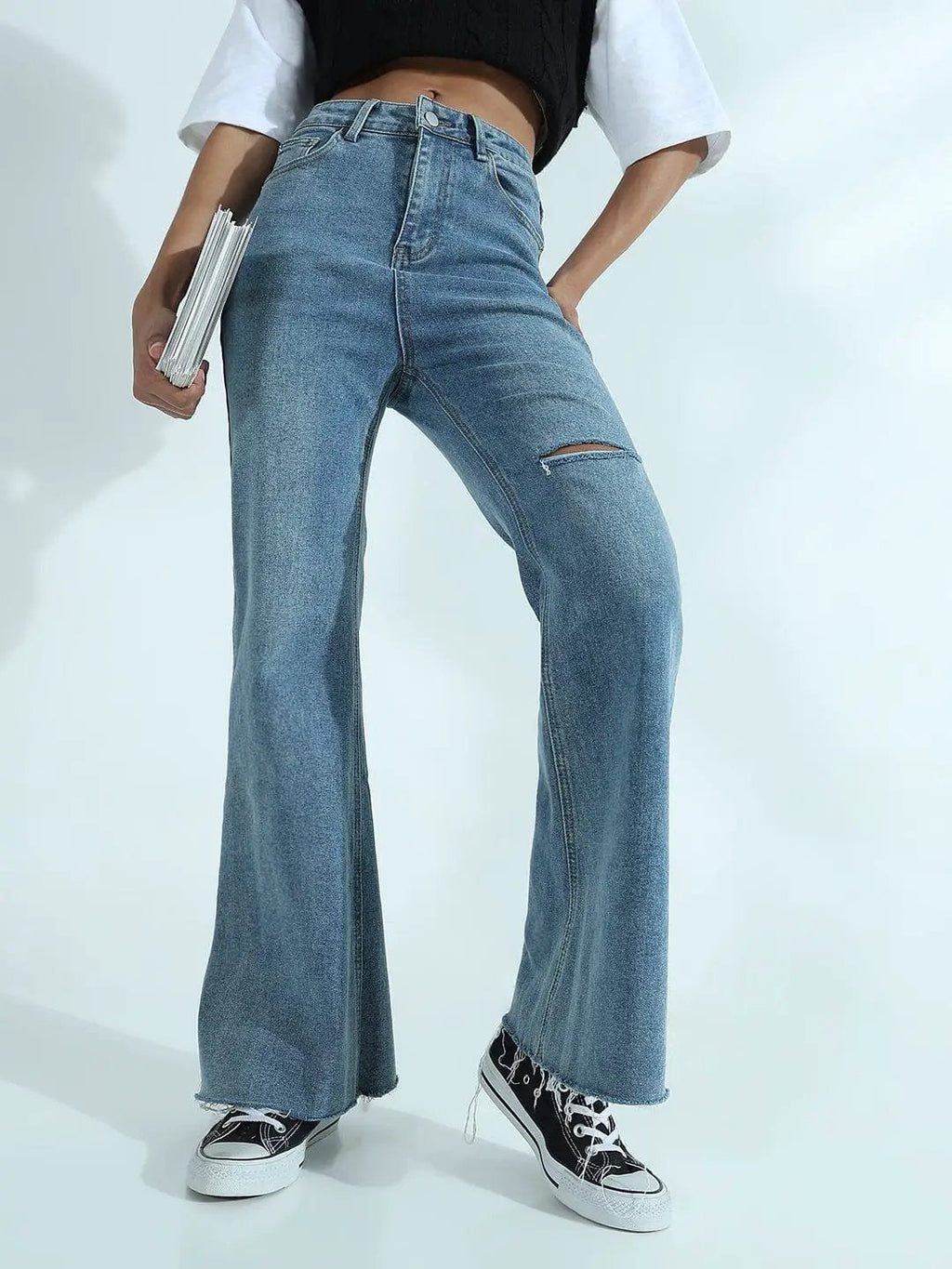 Women's Blue High Rise Flare Jeans with Knee Slit