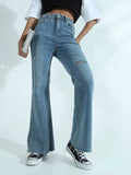 Women's Blue High Rise Flare Jeans with Knee Slit