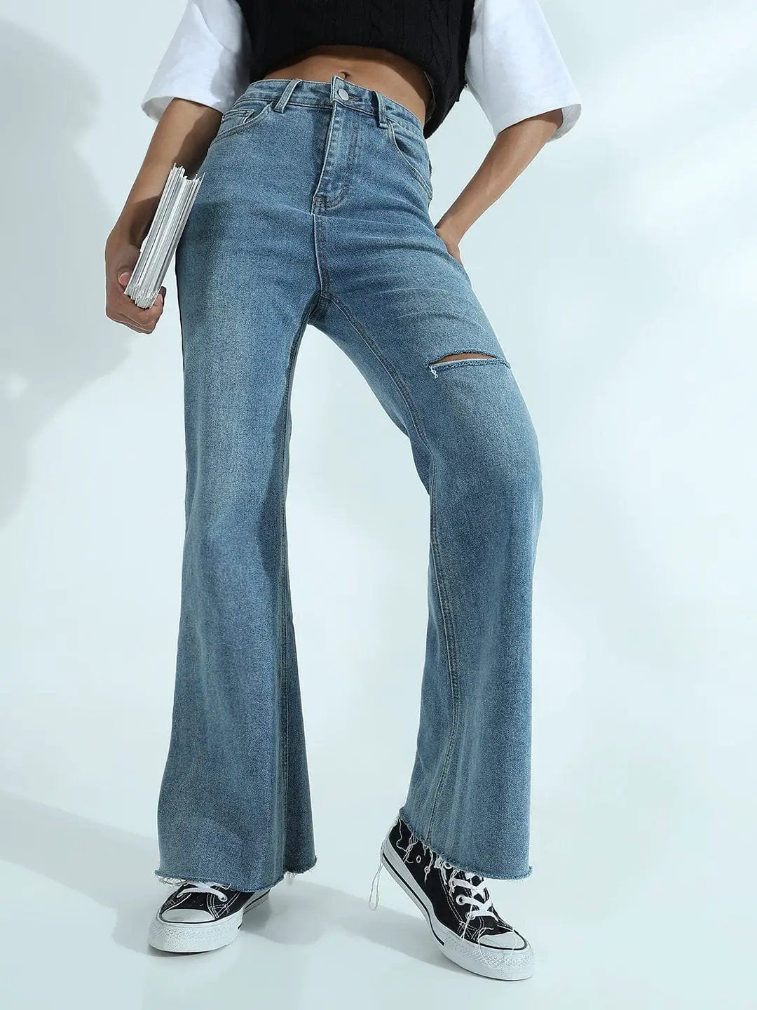 Women's Blue High Rise Flare Jeans with Knee Slit