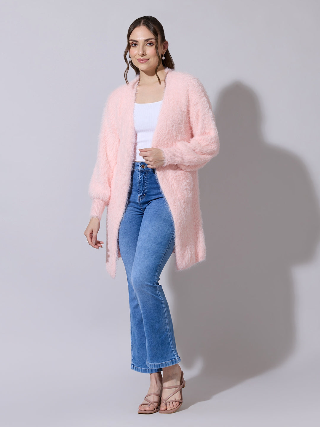 Women's Fuzzy Knit Pink Long Open Front Shrug