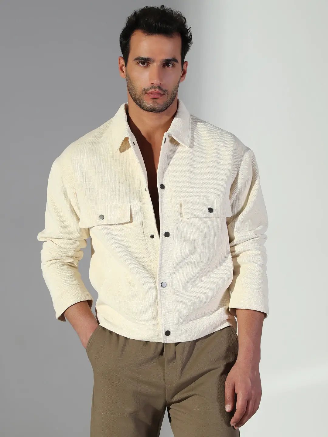 Men's Solid Cream Shacket